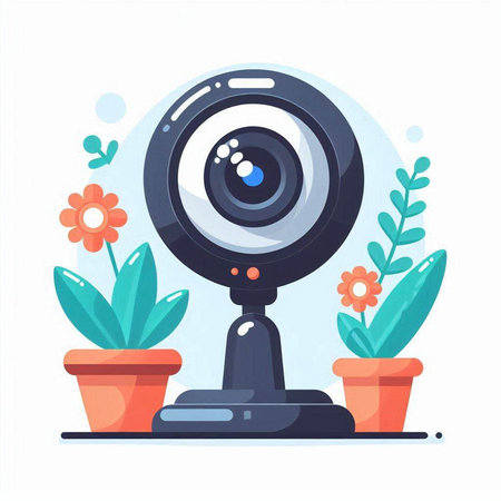 Webcam with flowers in pots. Vector illustration in flat style.のイラスト素材