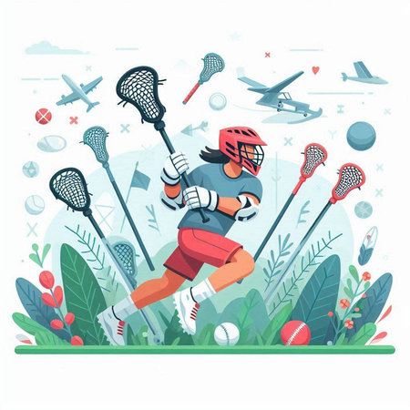 Lacrosse player in action. Vector illustration in flat style.のイラスト素材