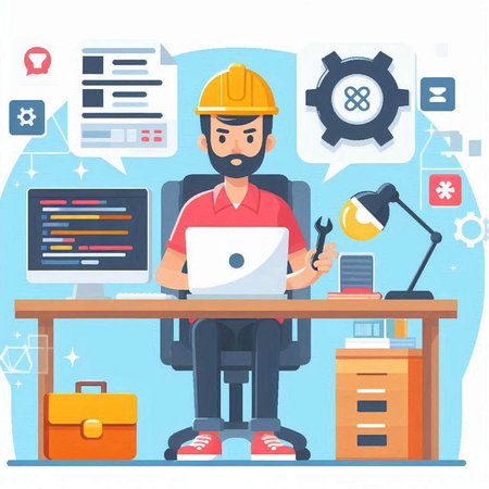 Engineer or architect working in the office. Flat design vector illustration.のイラスト素材
