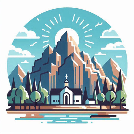 Vector illustration of a church on the background of the mountains. Flat style.のイラスト素材