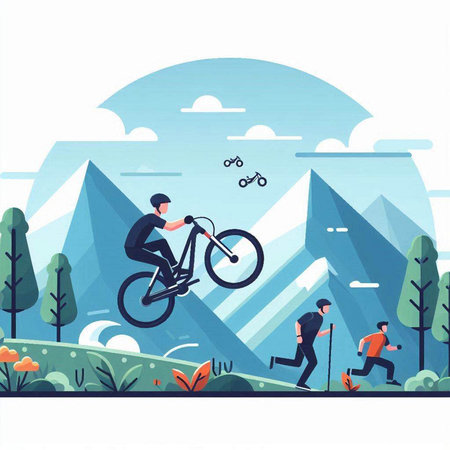 Vector illustration of a cyclist riding a mountain bike in a park.のイラスト素材