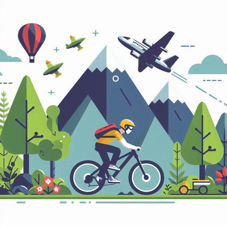 Vector illustration of a man riding a bicycle in the mountains with airplane.のイラスト素材