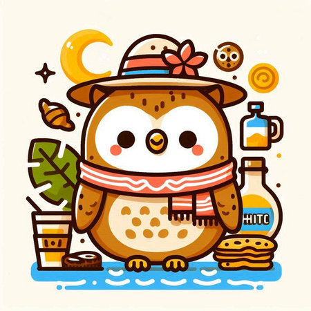 Cute owl with a cup of coffee. Vector illustration in cartoon style.のイラスト素材