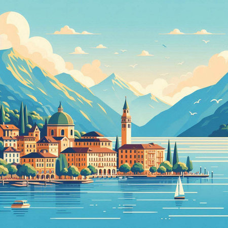 Landscape of Lake Maggiore, Italy, Europe. Vector illustrationのイラスト素材