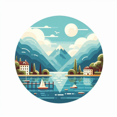 Landscape with lake, mountains and clouds in circle. Vector illustration.のイラスト素材