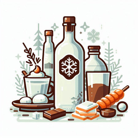 Christmas and New Year vector illustration with glass bottles, ice cream, cookieshmallows, gingerbread, chocolate, gingerbread cookie.のイラスト素材