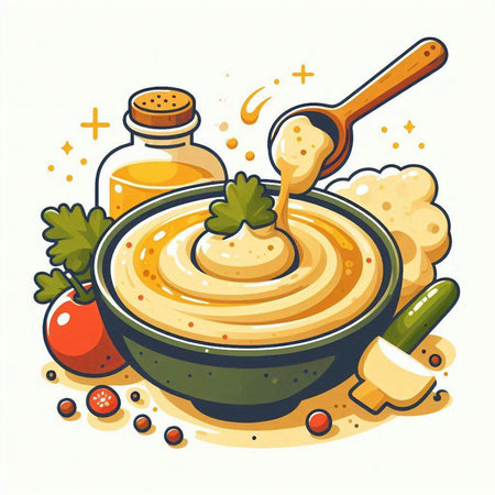 Vector illustration of hummus in bowl with olive oil and parsley.のイラスト素材