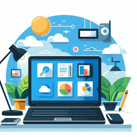 Laptop computer with web design elements. Vector illustration in flat styleのイラスト素材