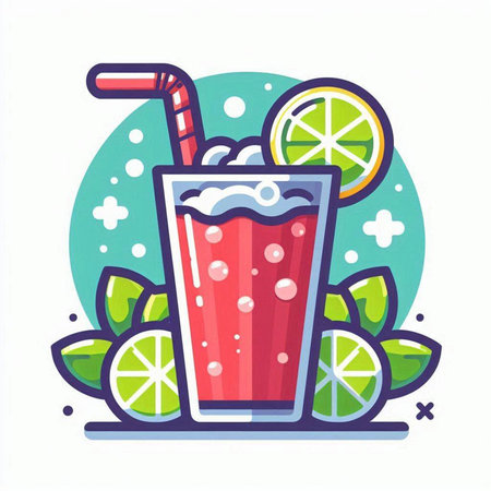 Cocktail with lime and straw. Vector illustration in flat styleのイラスト素材