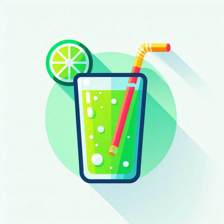 Cocktail with lime and straw. Flat design vector illustration.のイラスト素材