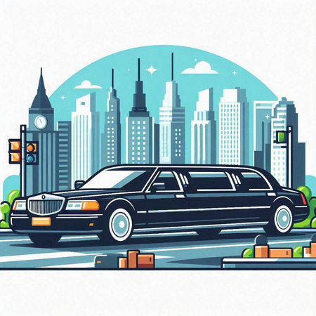 Vector illustration of limousine on the road with cityscape backgroundのイラスト素材