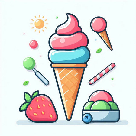 Ice cream vector illustration. Cute cartoon ice cream with different flavors.のイラスト素材