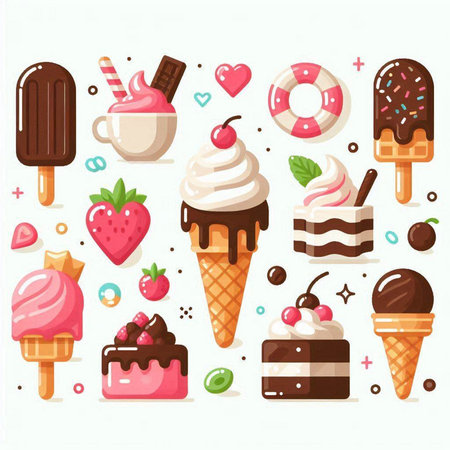 Ice cream vector set with chocolate, strawberry, ice cream, vanilla and chocolate.のイラスト素材