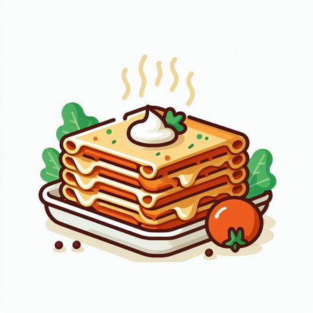 Illustration of a stack of lasagna with tomato and parsleyのイラスト素材