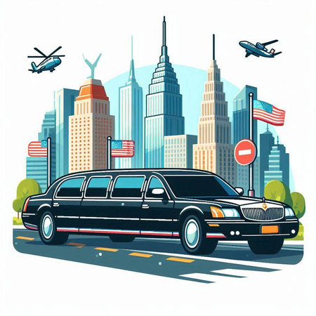 Vector illustration of limousine in the city with skyscrapersのイラスト素材