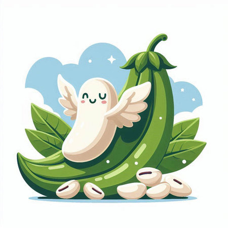 Vector cartoon illustration of a green bean with a white angel wings.のイラスト素材
