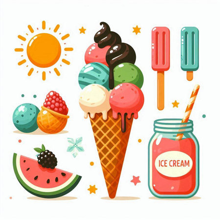Set of ice cream with different flavors. Vector illustration in flat style.のイラスト素材