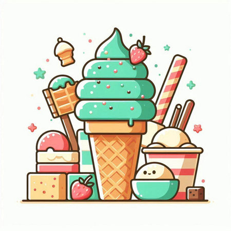 Ice cream in a waffle cone. Vector illustration in cartoon style.のイラスト素材