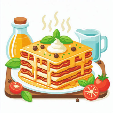 Illustration of a stack of lasagna with tomato sauce and basilのイラスト素材