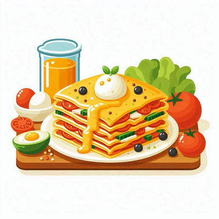 Illustration of pancakes with cheese, tomato, egg, lettuce and sour creamのイラスト素材