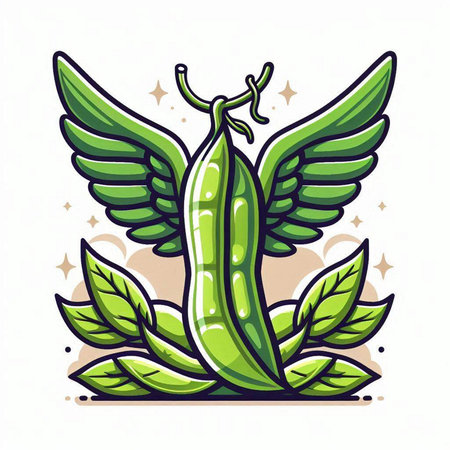 Peas with wings and green leaves on white background. Vector illustration.のイラスト素材