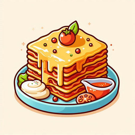 Illustration of a stack of lasagna on a plate. Vector illustrationのイラスト素材