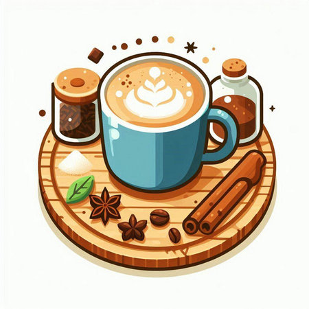 Coffee cup with spices on wooden board. Vector illustration.のイラスト素材