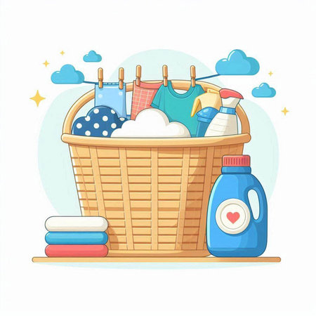 Basket with laundry and cleaning products. Vector illustration in cartoon styleのイラスト素材
