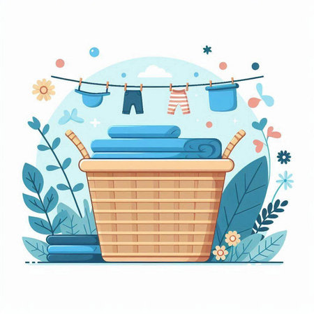 Laundry basket with clothes. Vector illustration in cartoon style.のイラスト素材