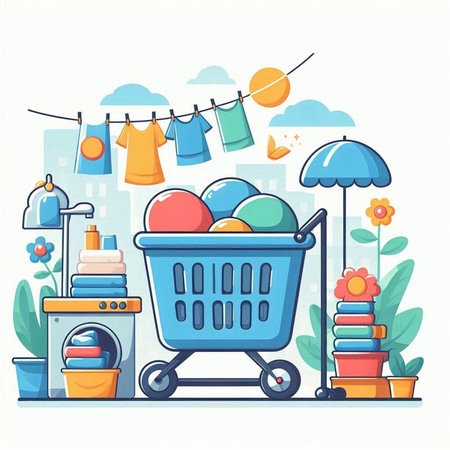 Cartoon illustration of shopping basket full of dirty clothes. Vector illustrationのイラスト素材