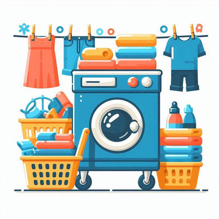 Laundry room. Washing machine and clothes on hanger. Vector illustrationのイラスト素材