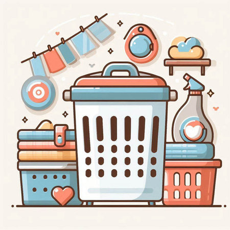 Laundry and cleaning flat line icons set. Vector illustration.のイラスト素材