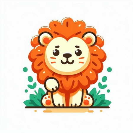 Cute cartoon lion sitting on the grass. Vector illustration on white background.のイラスト素材