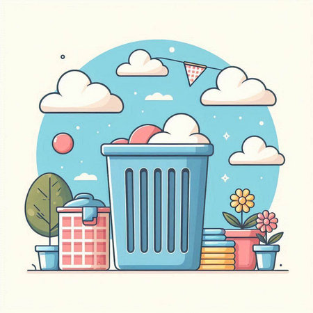 Vector illustration of trash can in the flat style with blue sky and cloudsのイラスト素材