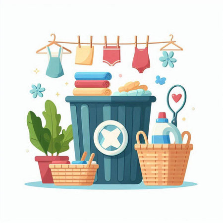 Laundry basket with cleaning products. Vector illustration in cartoon style.のイラスト素材