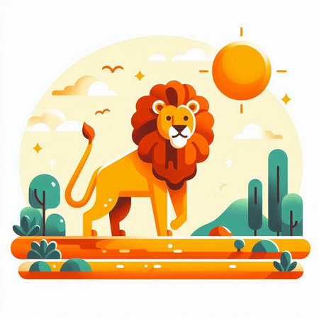 Lion in the desert. Vector illustration in flat cartoon style.のイラスト素材