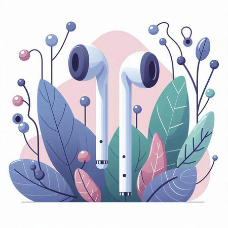 Vector illustration of headphones and leaves on pastel background. Flat style.のイラスト素材
