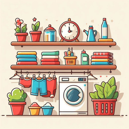 Laundry room interior with washing machine, dryer, washcloths and plants. Vector illustrationのイラスト素材