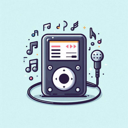 Music player with headphones and notes. Vector illustration in cartoon style.のイラスト素材