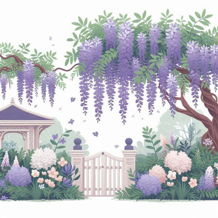 Beautiful garden with wisteria flowers and fence. Vector illustration.のイラスト素材