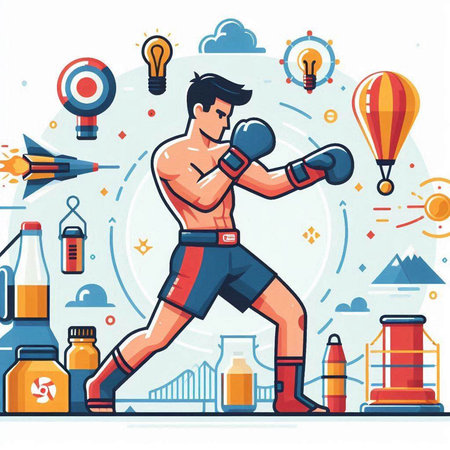 Flat vector illustration of young man in boxing gloves and sport equipment.のイラスト素材