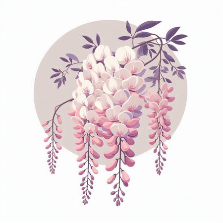 Wisteria flowers with leaves on white background. Vector illustration.のイラスト素材