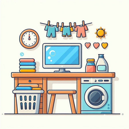 Laundry room interior with washing machine, clothes dryer, laundry basket, clothes drying rack, clock, sun, heart. Vector illustrationのイラスト素材