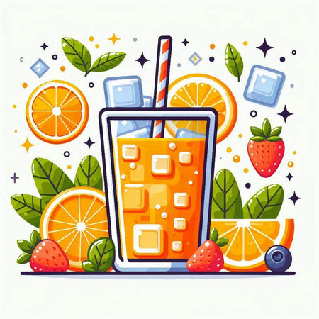 Orange smoothie with ice cubes and fresh fruits. Vector illustration.のイラスト素材