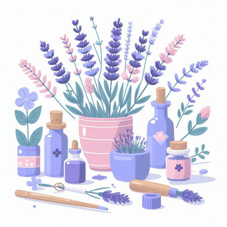 Lavender flowers and aromatherapy products. Vector illustration.のイラスト素材