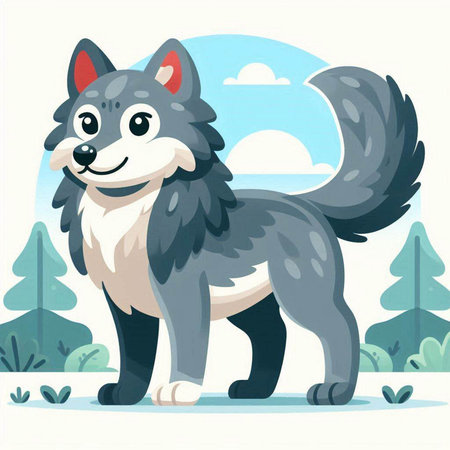 Cute cartoon wolf standing in the forest. Vector illustration for your designのイラスト素材