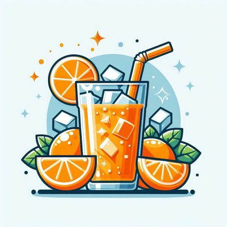 Cocktail with orange, ice cubes and straw. Vector illustration.のイラスト素材