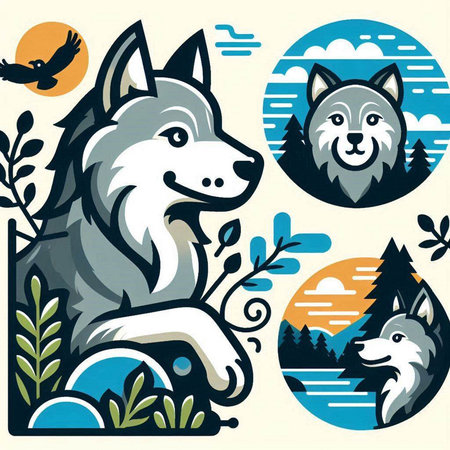 Illustration of a wolf on a background of nature. Vector illustrationのイラスト素材