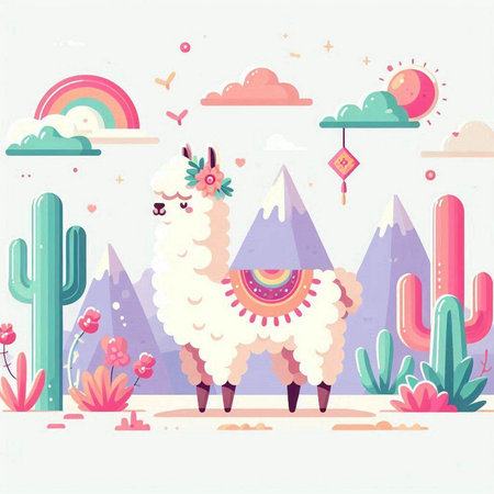 Llama, alpaca and cactus in the desert. Vector illustrationのイラスト素材