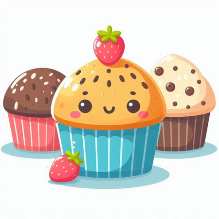 Cute cupcake with strawberry on white background. Vector illustration.のイラスト素材